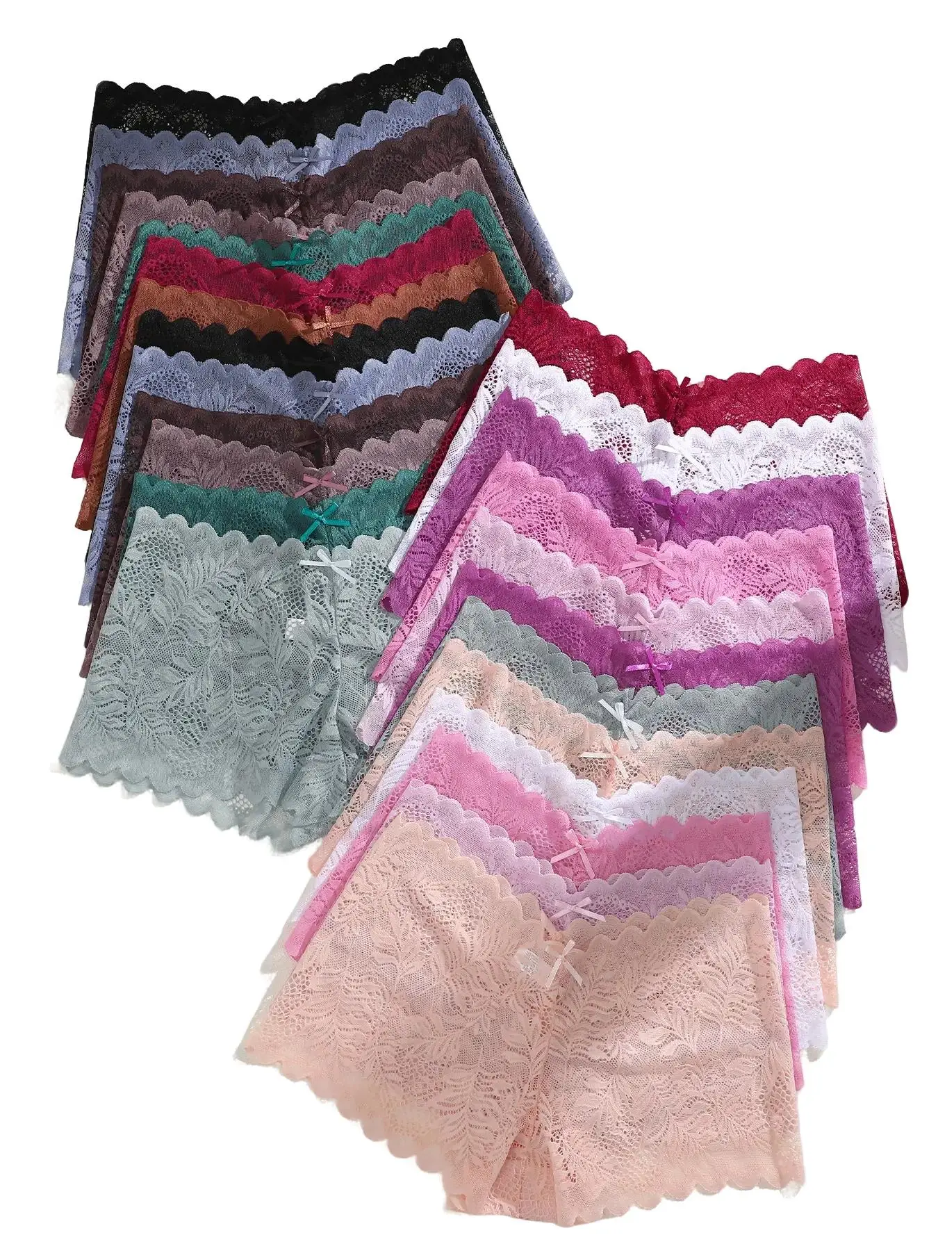 Women's 25pcs Plain Contrast Lace Boyshort, Elegant Chic Pastel Bow Decor Scallop Trim Panty for Daily Wear, Underwear for Women, Panty Shorts Panties