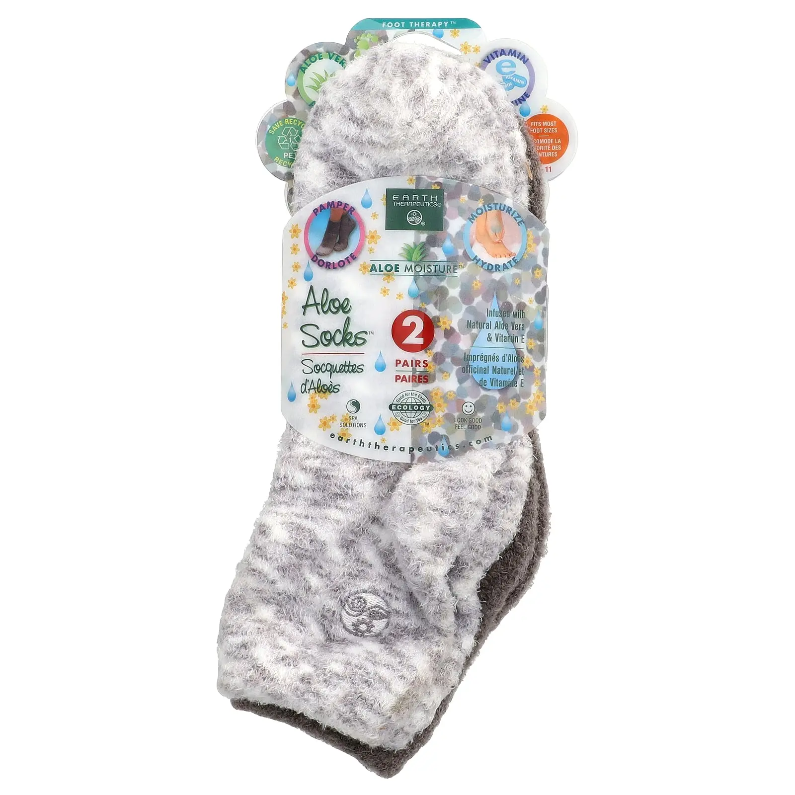 Earth Therapeutics Aloe Moisture™, Aloe Socks™, Grey and White, 2 Pairs