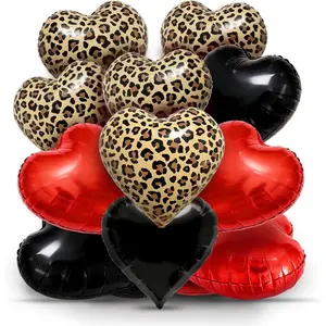 15Pcs Leopard Print Red Black Heart Balloons 18 Inch cheetah Heart Shaped Foil Balloons for Romantic Valentine's Day Wedding Bridal Shower Anniversary Engagement Party Supplies
