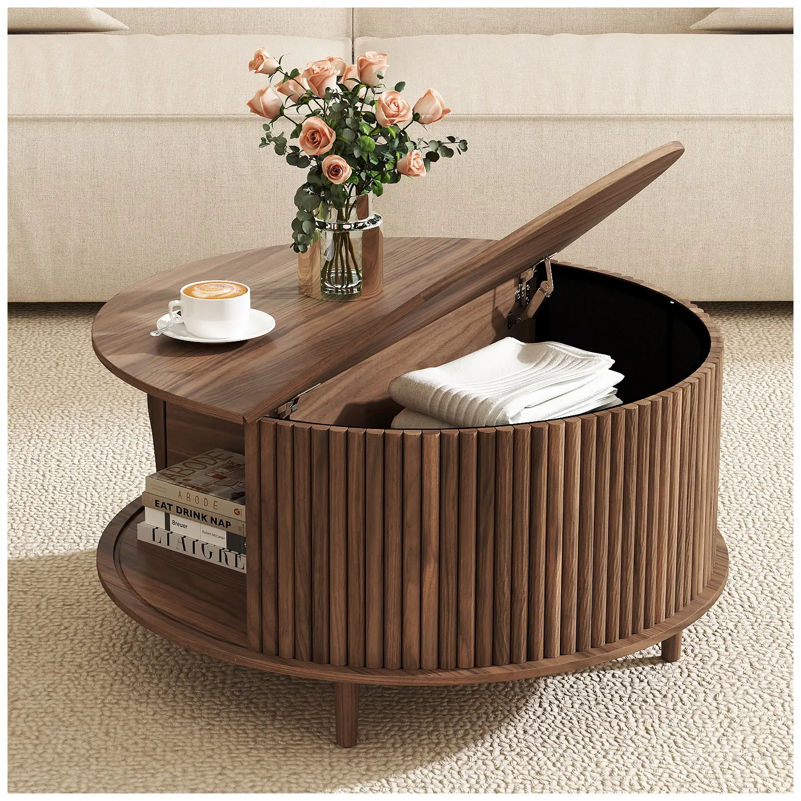 Solid walnut mid-century coffee table with hidden storage (31.5" compact size)