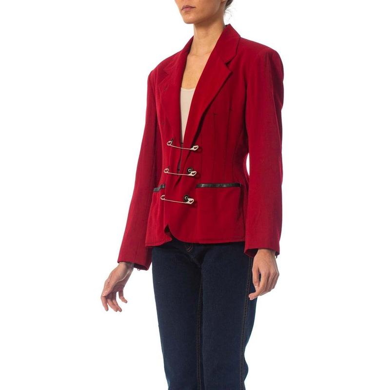 1980S JEAN PAUL GAULTIER Red Wool Very Rare Jacket With Leather And Oversized Safety Pin Details