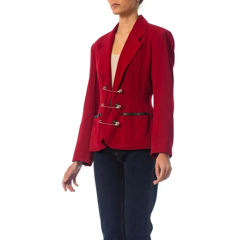 1980S JEAN PAUL GAULTIER Red Wool Very Rare Jacket With Leather And Oversized Safety Pin Details