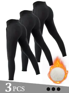 3pcs Ultra-Soft Sherpa Lined Leggings Warm Plush Cozy with Elastic Waistband Handy Pockets for Casual Daily Wear Womenwear Thermal Minimalist Basic Winter Pants