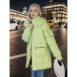 Women's Neon Green Winter Jacket - Thick Windproof Coat with Hoodie-like Collar, Mid-Length Warm Outerwear for Women, Casual Outerwear, Warm Coats For Women, Warm Coats For Women Long, Very Warm Winter Coat For Women, Warm Coat For Women, Warm Winter Coat