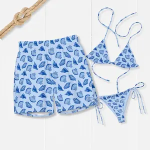 Matching Sea Shell Couple Swimwear Set - Women's Thick Padded Polyester Bikini, Men's Adjustable Drawstring Polyester Swim Trunks for Honeymoon Beach Use fathersdaygiftideas