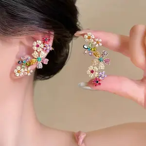 1 pair of fashionable colorful party flower design, artificial glass inlay, high-end sense, niche design, ear bone clip, unique, beautiful, exaggerated, elegant temperament, ladies' vacation/dance wear fashionable ear rings and full ear earrings