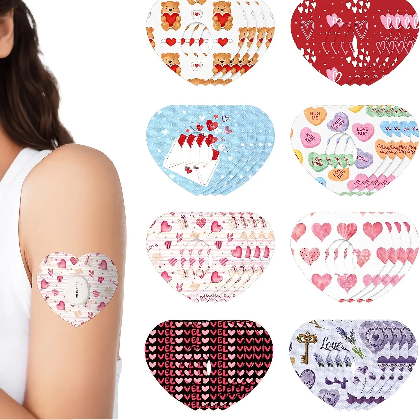 8pcs Adhesive Patches, Heart Shape Sticky Tape Stickers, Sensor Protection Sleeve, Flexible, Pre-Cut, Durable, Long-Lasting, Heart Resistant Tape