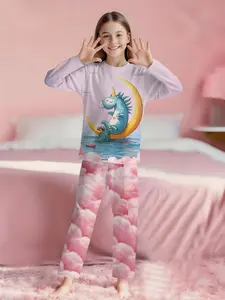 2-piece set of pink cloud-bottom crescent moon one-horned seahorse digital printed long-sleeved pajamas and extended sleep pants for girls, made of flame-retardant fabric. This fashionable, trendy, casual, comfortable and soft pajama set is suitable for s