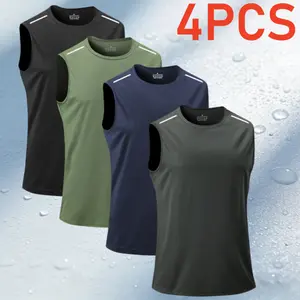 4-PIECE SET Men's Sports Solid Color Tank Top - Outdoor Fitness, Quick-Drying, Lightweight, Ice Silk, Breathable, Fitted, Stretchy Training Sleeveless Top for Summer solid color vest lightweight stretch
