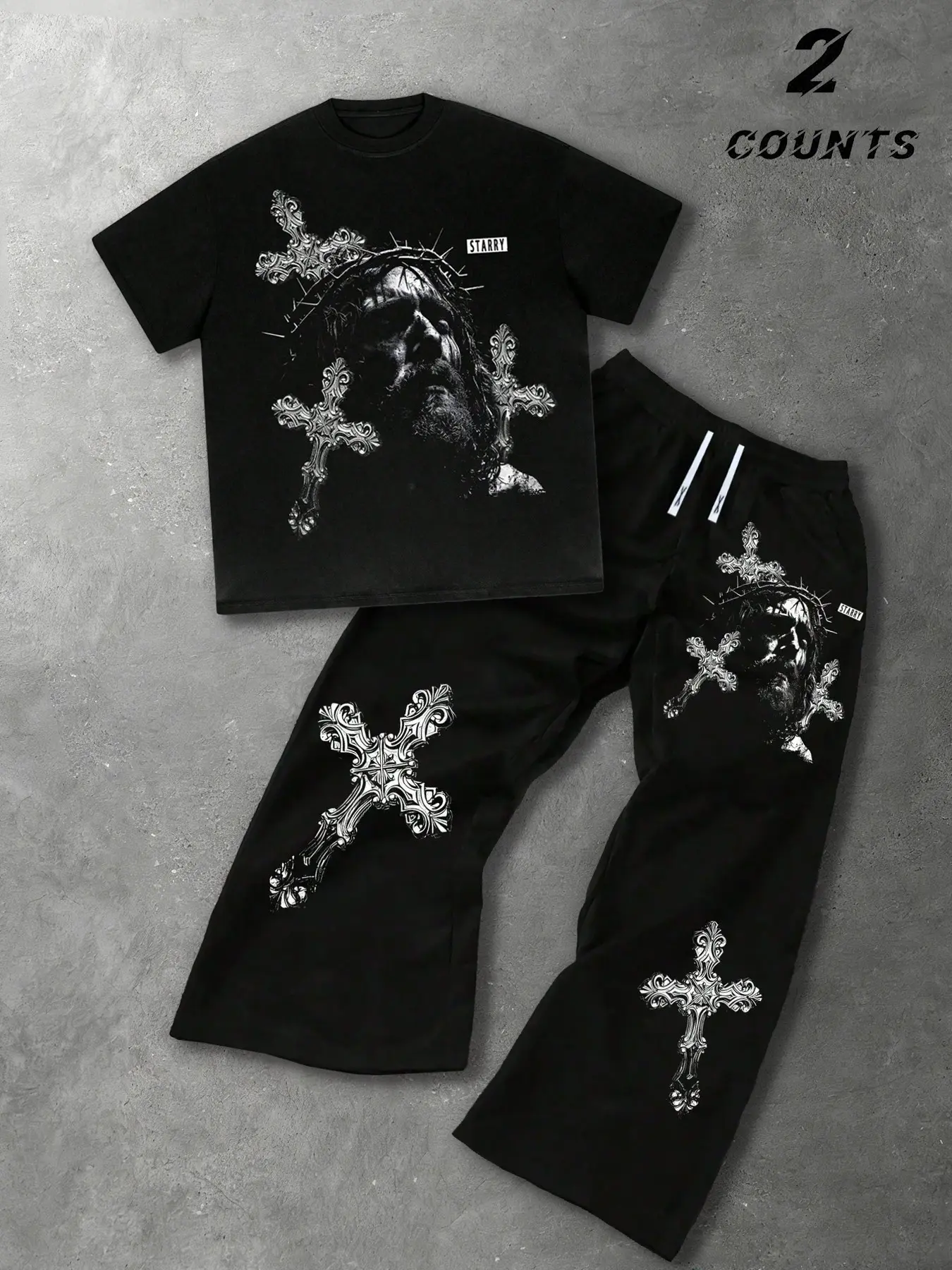 Unisex set of 2 pieces, urban style, Jesus and crossprint Graphic trendy short-sleeved shirt and long pants/sweatpants set, suitable for urban fashion, Christian culture, Cultural, ideal for religious individuals, urban casual wear, gift for men, couple