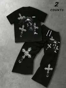 Unisex set of 2 pieces, urban style, Jesus and crossprint Graphic trendy short-sleeved shirt and long pants/sweatpants set, suitable for urban fashion, Christian culture, Cultural, ideal for religious individuals, urban casual wear, gift for men, couple