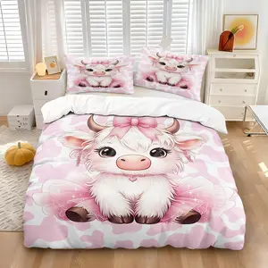 3 Pieces Pink Highland Cow Bedding Set, HD All Season Printing, Soft Comfortable Duvet Cover and Pillowcases Without Filler, Durable Washable Decor for Girls Bedroom & Dormitory