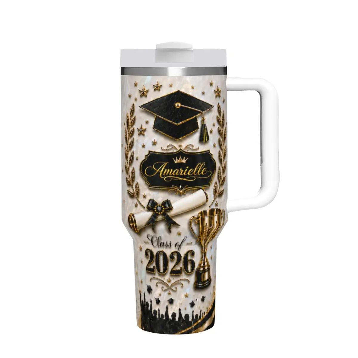 Stylish Printed Insulated Graduation Cap Tumbler - Class of 2026 Pearl Marble Design, City Skyline Silhouette Graphic, Anti-Slip Handle, Reusable Travel Mug with Lid for Graduation Gifts, Daily Commute