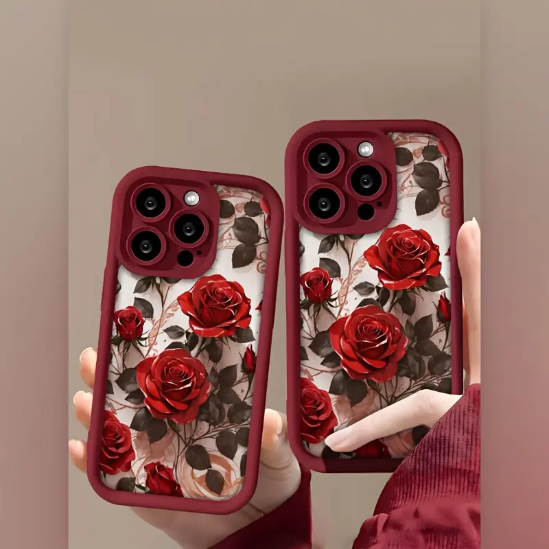 Wine-Red Rose-Themed TPU Protective Cellphone Case for iPhone 13,14,15,16,17 Pro/Plus,16 Plus,X,XS,XR - Chic, Durable, Shockproof Accessory with Unique Design & Comprehensive Protection, Great Gift Option