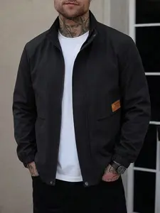 Men’s zip-up flight jacket, stylish stand-collar patch-logo jacket, sporty casual jacket, windproof American-style top