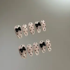 Cute Pink Press-On Nails w/ Black Polka Dots Bow - Chic Handmade Nail Art, Reusable & Customizable For Any Occasion