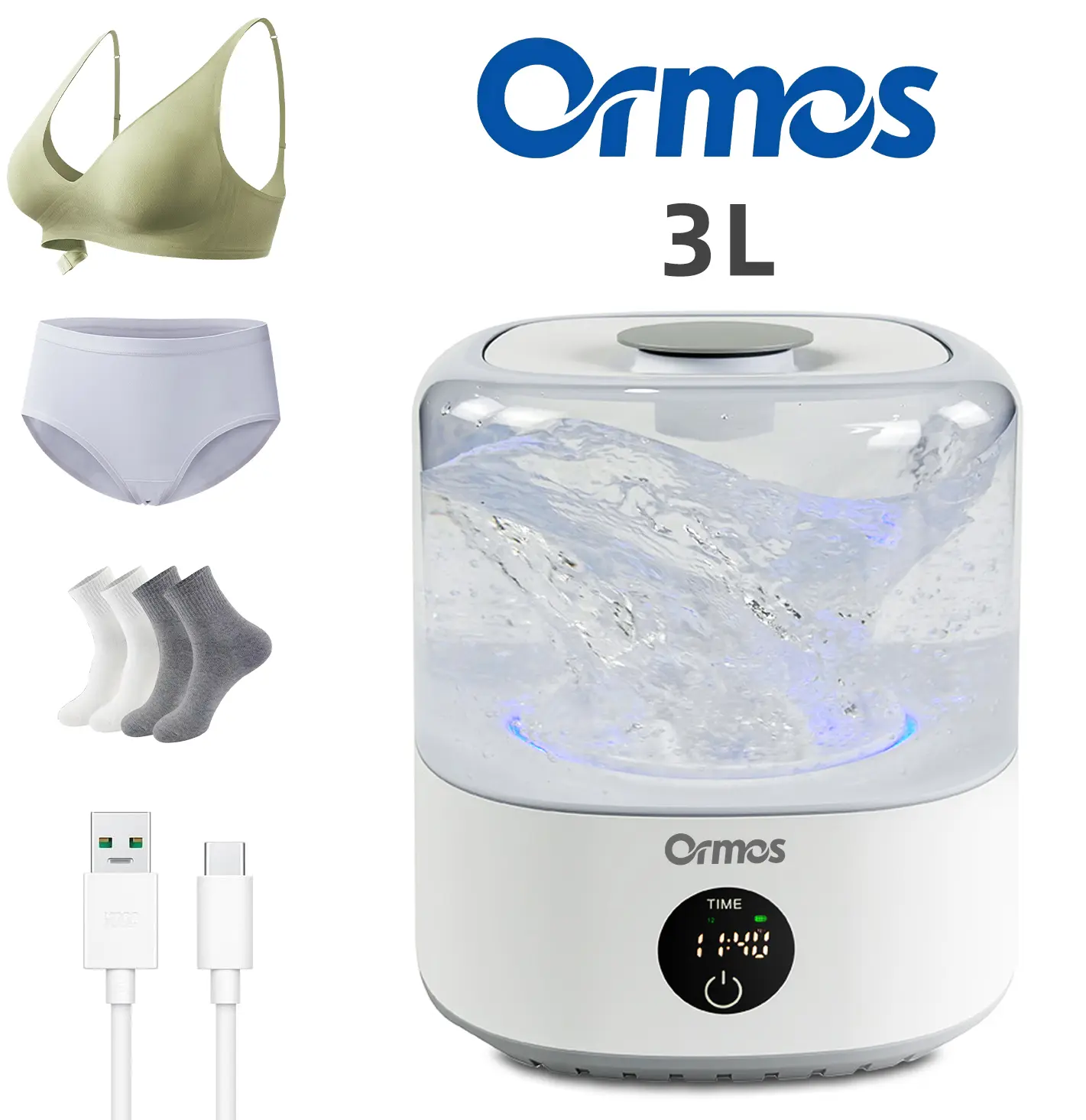 Ormos Portable Rechargeable Mini Washing Machine for Underwear, Wireless Portable Laundry cup, Mini Portables Washing Machine, 20 Washes per Charge, for Baby Clothes, Underwear, 1.2L/3L/4L/6L