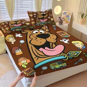 Funny Cartoon Great Dane Detective Print Fitted Sheet Set, Including 1 Fitted Sheet & 2 Pillowcases, Coffee Brown Cartoon Detective Dog & Classic Animation Characters, Deep Pocket Design, Perfect Gift for Cartoon & Adventure Lovers