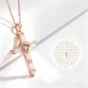 Women's Nano Projection Lord's Prayer Cross Necklace - Hidden Bible Verse Pendant, Shiny CZ Stones, Rose Gold-Silver Long Length Chain Jewelry Faith Gift, Long Length Necklaces, Chain Jewelry Necklaces