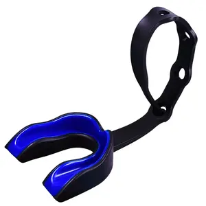 Oral Mart Black/Blue Strapped Youth Mouth Guard for Kids - Sports Mouthguard with Connected Strap for Ice Hockey, Football, Lacrosse, Taekwondo