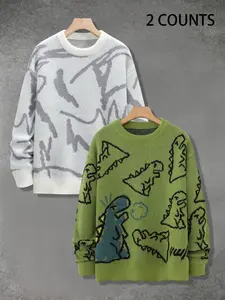 Unisex Dinosaur Print Sweater Set, Loose-Fit Street Style Knits, Thick Warm Outdoor Wear, Casual Home Comfort Apparel