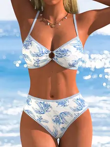 Women's Floral Print Striped Trim Bikini Set, O-Ring Cutout Adjustable Spaghetti Straps Two Piece Vacation Swimsuit, Leaf Print Bikini, Flower Print Bikini