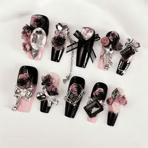 Spicy Girl Style Press-On Nails, Medium-Long Coffin Shape, Hand-Crafted Roses & Diamonds, Dark Temperament Nail Art