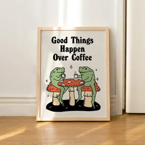 Retro Frog Coffee Print, Vintage Positivity Quote Illustration, Mushroom Toad, A3 A4 A2 Prints, Cute Quirky Print, Kitchen Wall Art UNFRAMED