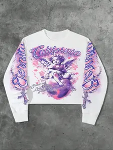 American Street Style Angel Print Round Neck Long Sleeve Hooded Sweatshirt, Trendy Casual Short New Arrival, Unisex Fashion Clothing