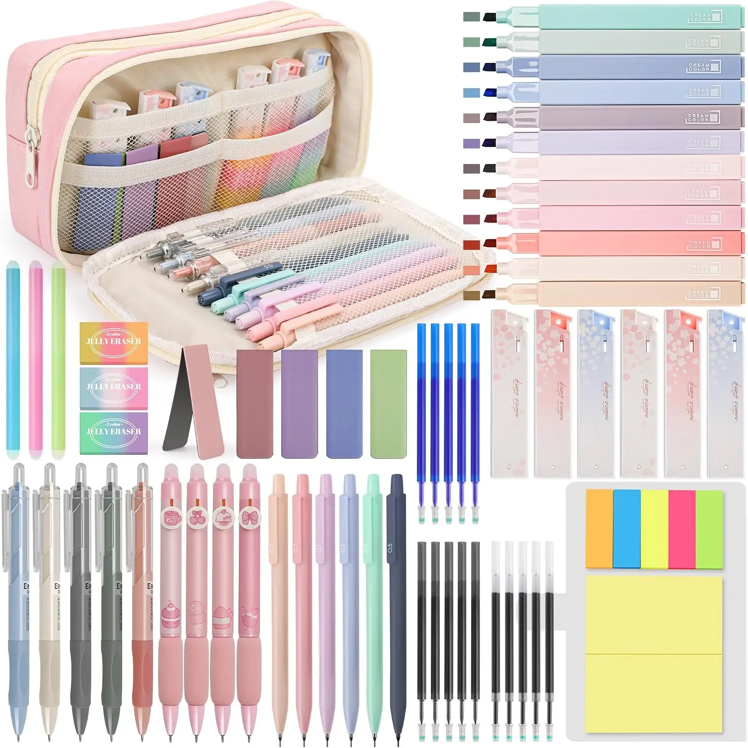 61PCS Aesthetic College Stationery Kit with Cute Pencil Case - Pastel No-Bleed Highlighters, Gel Pens, Erasable Pens, Mechanical Pencils, Refills, Sticky Notes | Complete Office School Supplies Set