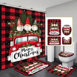 1/4pc Christmas Truck and Three Gnome Pattern Shower Curtain Set, festive design, includes non-slip mat, U-shaped rug, toilet seat cover, perfect for bathroom décor, beautifies the space, and comes with 12 shower curtain hooks, Bathroom Shower Equipment