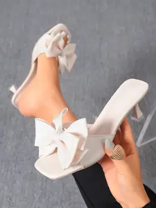 Big Bow Square Toe Kitten Heel Mules, Bow Decor & Slip-On, Perfect for Bridal & Date Night, Fashionable Textile Shoes
