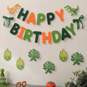 Cute Dinosaur Leaf Pull Flag Set, Birthday Party Decoration Background Banner, Wall Hanging Decorative Flags, Perfect for Parties