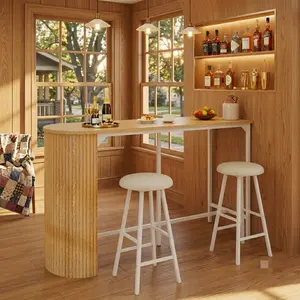 Fluted Bar Table and Chairs Set, 55'' Long Bar Tables with 2 Stools, 3 Piece Counter Height Dining Table for 2, Space Saving Kitchen Table for Bar, Dining Room, Kitchen, Breakfast Nook Corner, Natural