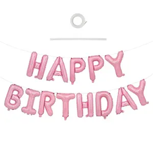 Light Pink Happy Birthday Balloon Banner, 16-Inch Foil Letter Birthday Decoration Pennant, Letter Balloons, Reusable, Suitable For Girls, Boys, Children And Adults' Birthday Decorations And Party Supplies.