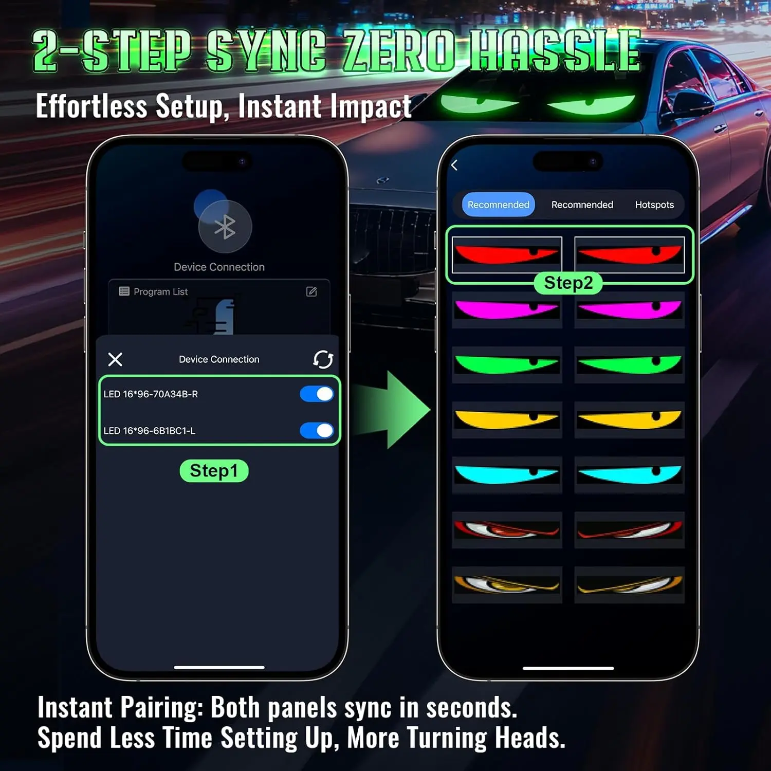 Sachie 2PC Devil Eyes LED Light Strips for Cars - 5800 Lux High-Brightness, 23.6"x4.73" Customizable Windshield Decoration, App Control, IP68 Waterproof, USB-Powered, Fits Cars/Trucks/SUV, LED Lights