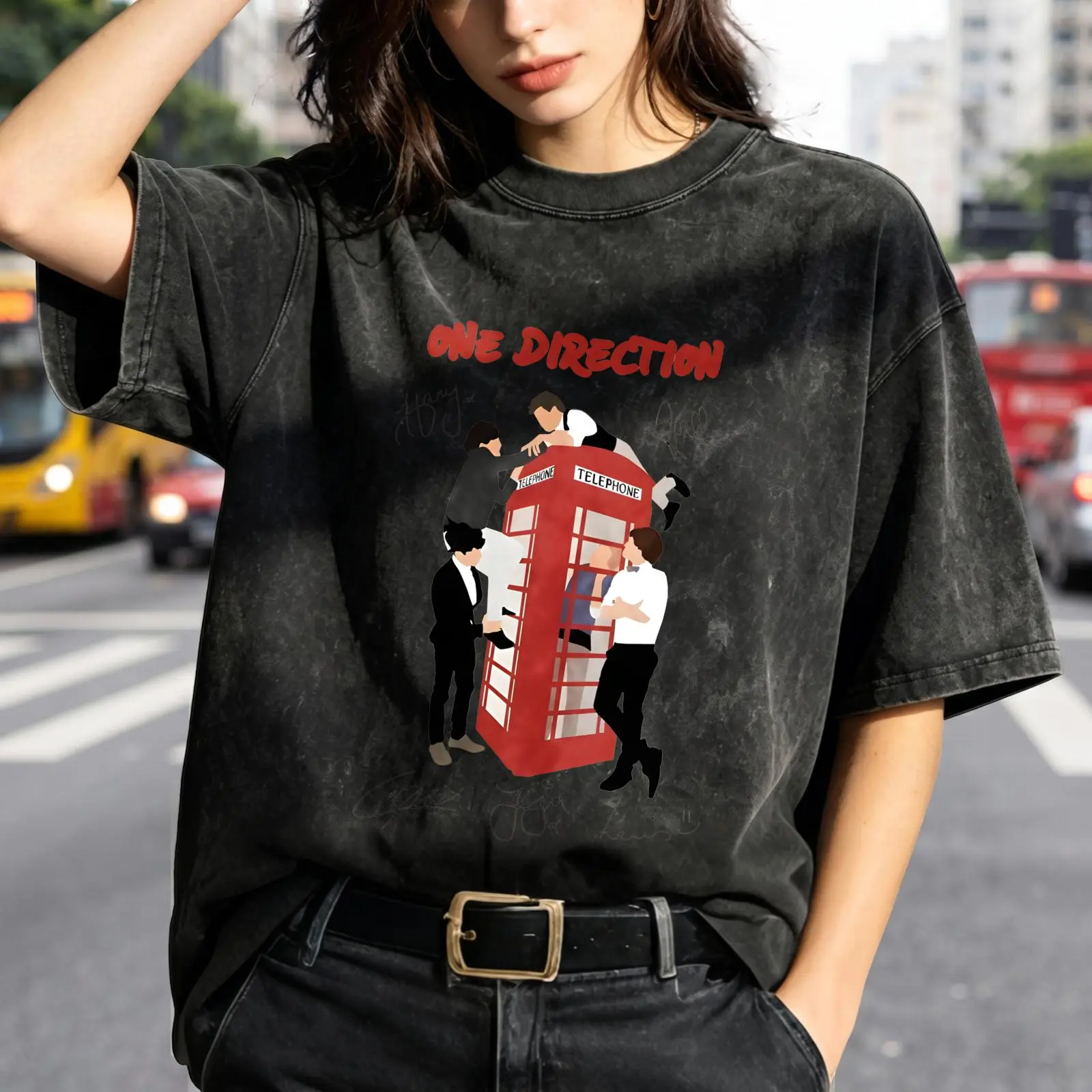 Women's Vintage Washed T-Shirt One Direction Red Phone Booth Oversized Graphic Tee Outdoor Casual Short Sleeve