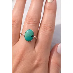 Hubei Turquoise Ring Sterling Silver Handmade Size 8 Oval Bezel Blue Green Turquoise Ring Artisan Southwestern Gift for Her