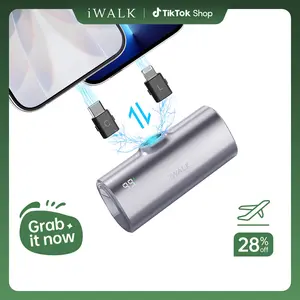 iWALK 5000mAh LinkPod X Mini Portable Charger with USB-C & Lightning Plugs, 20W Fast Charging, LED Display, Protective Silicone Shell for iPhone 16/15/14, Samsung, AirPods - Silver Power Bank