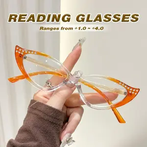 Ladies' Retro High-End Cat-Eye Small Frame With Diamond High Definition Reading Monocle, Reading Eyeglasses, PC Material, +1.0 to +4.0 Diopter, Lightweight and Durable, Suitable for Daily Computer Office and Book Reading Use