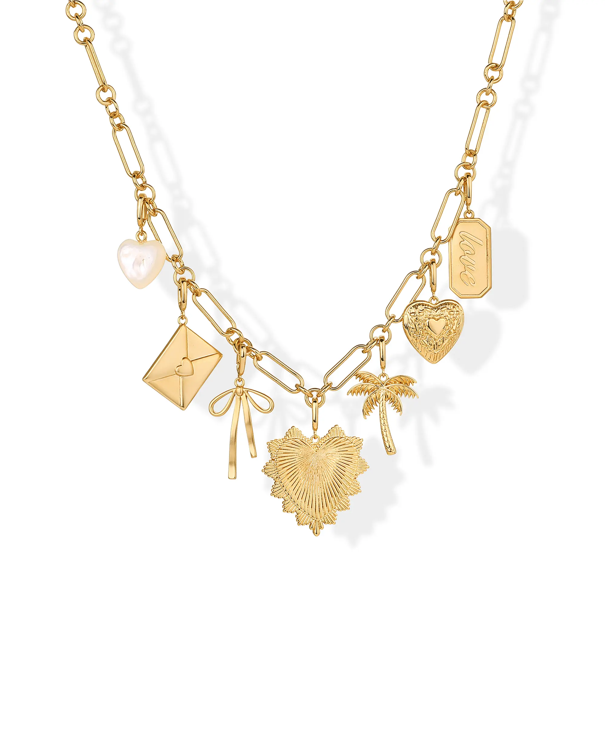 PAVOI 14K Gold Plated Removable Charm Necklace for Women - Adjustable Link Chain Pendant Necklace with Removable Charms - Trendy Mix & Match Pendants Letter Palm Tree Heart Mother of Pearl Bow Tie Love Tag