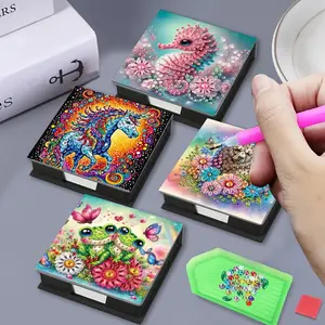 1-piece set, Diamond art painting wood message paper storage note box, animal diamond art note card box, reusable note holder (with 150 sheets of paper included), Diamond painting embroidery set, Notepad holder, Diamond Painting Kits