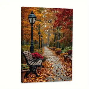 2D Flat High-Definition Printed Canvas Painting Autumn Park Scenery Country Style Living Room Decorative Painting Autumn Leaves Path Bench Street Lamp Mural Modern Home Wall Hanging Art, Unframed Painting, Indoor Decoration