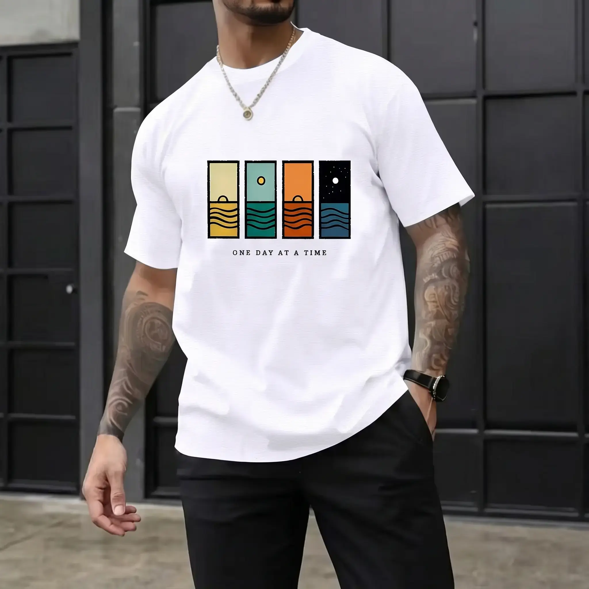 Menswear Short-Sleeve Cotton T-Shirt, Men's Stylish Round Neck "1 Day At A Time" Graphic Tee, Retro Sunset Ocean Print Casual Summer Streetwear Top, Fast US Domestic Shipping