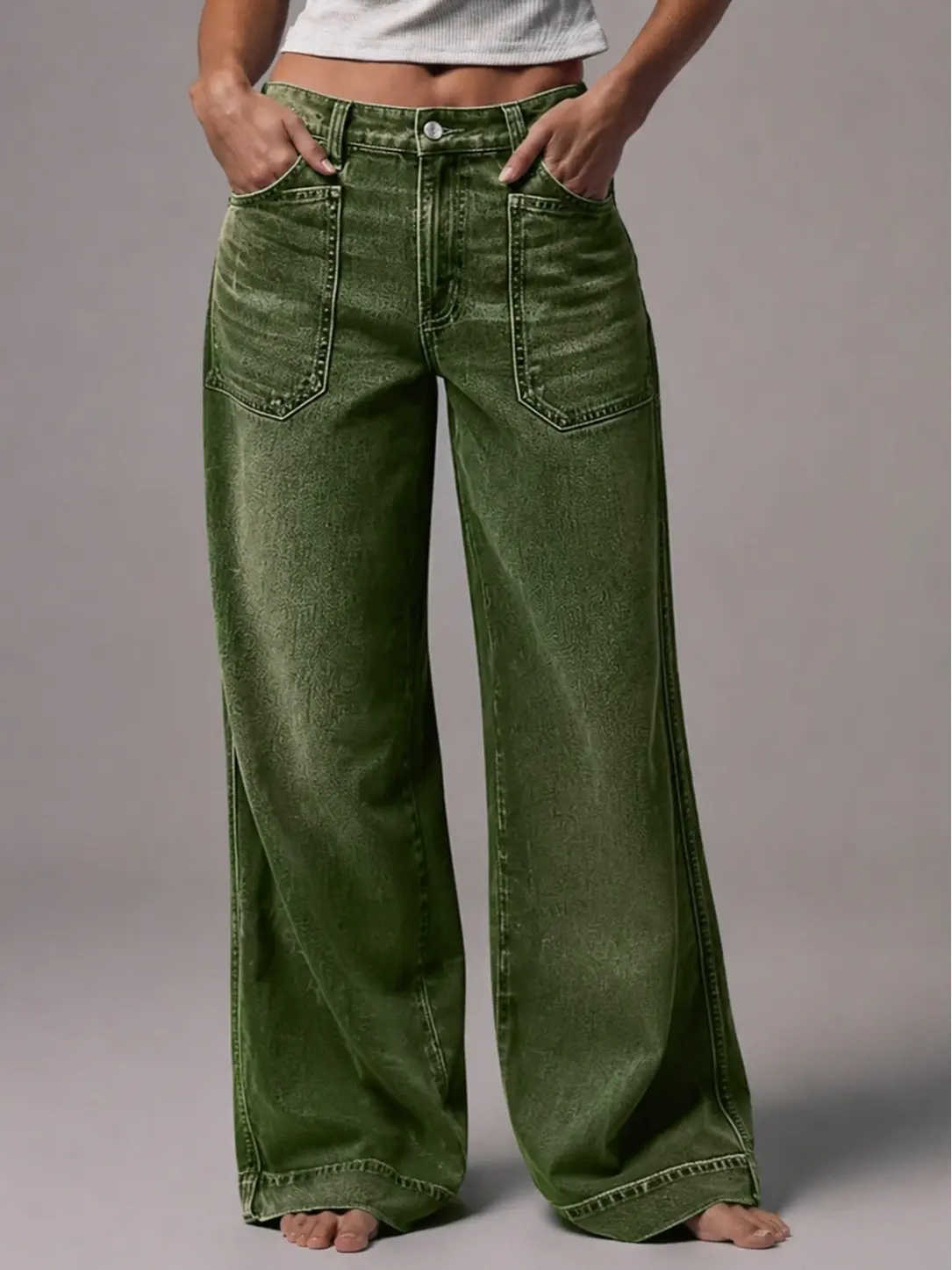 Women's Retro Mineral Acid-Washed Army Green High-Waist Oversized Wide-Leg Jeans - Contrast Stitch, Square Cargo Front Pockets, Loose Floor-Length, Back Leather Patch Label, 90s Y2K Grunge Streetwear, Womenswear Casual Trousers
