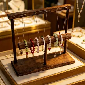1PC Walnut Color Simple Vintage Solid Wood Necklace Display Stand, Earrings Jewelry Wooden Hanger, Bracelet Showcase Rack, Small Item Holder