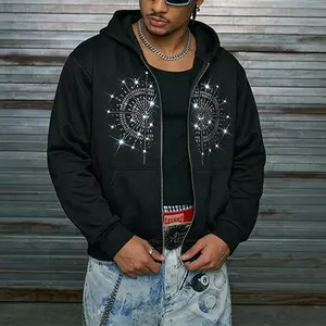 Unisex trendy sweatshirt: lightweight zip-up hoodie cardigan with rhinestone accents; subtle micro rhinestones create a sparkling texture, street style.