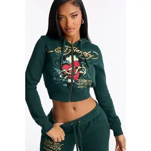 Ed Hardy Rhinestone Heart Fleece Zip Up Hoodie - Hunter Green A