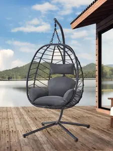 【CategorySelect】ONBRILL Hanging Egg Chair with Stand, Outdoor Indoor Egg Swing Chair with Cushion Headrest, Wicker Rattan Egg Chair with Dual Chains, 350LBS Capacity for Patio