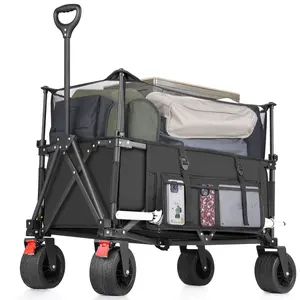 Outdoor Collapsible Wagon, Beach Wagon Cart with All Terrain Wheels, Side Pocket, Mesh Double Decker, Foldable Wagon for Camping.